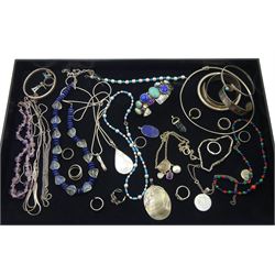 Collection of stone set silver and silver jewellery including stone set bangle stamped Nakai, turquoise and pearl bracelet, similar necklace, mother of pearl pendant, quartz, amethyst and pearl necklace , Lapis lazuli pendant and other other bead necklace, stamped or tested
