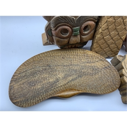 Large carved wood horses head 33cm x 48cm, carved and gilded eagle head L44cm, , carved wooden frog and other carved items