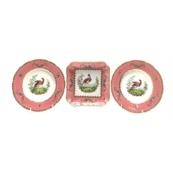 Spode Copelands China part dessert service hand-painted with exotic birds within pink and gilt borders, comprising two plates D23.5cm and square serving dish no. R3952 (3)