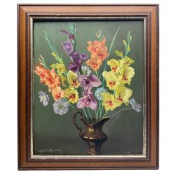 A G McManus (British 20th Century): Still Life of Flowers in Jug, oil on board signed 53cm x 43cm; P A Starkey (British 20th Century): Bouquet of Roses, oil on board signed 46cm x 37cm (2)