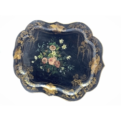  Victorian papier mache tray of serpentine outline painted with flowers 63cm x 49cm  