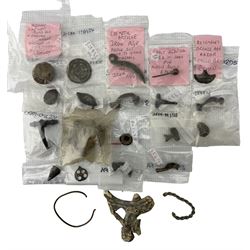 Roman British - collection of head-stud, trumpet, knee and dolphin brooches and fragments, with two bracelet fragments and disk brooch with red enamel, and mount with enamel remnants, all circa 100 BC -200 AD, razor head resembling Bronze Age razor; Saxon pin head and pin and three Iron Age strap and harness fittings 