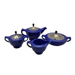 Art Deco Clews Chameleon Ware four piece tea set, with mottled blue glaze and silver-plated covers 