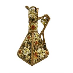 Early 20th century Zsolnay Pecs reticulated ewer of square form and decorated with flowers and foliage, H23cm (a/f)