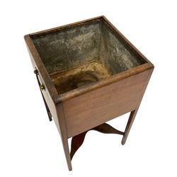 George III mahogany planter or cellarette, square form with metal lining, fitted with brass handles, on square supports joined by shaped undertier 