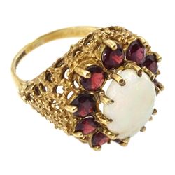9ct gold oval opal and garnet cluster ring, hallmarked