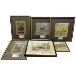 Six hunting and sporting pictures including three engravings and three prints max 15cm x 19cm (6)