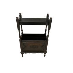 20th century oak magazine rack, the trough top raised on turned supports, main two division with moulded and carved panels
