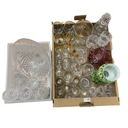 Two boxes of glassware including a vintage glass water set, Venetian pink glass vase, hock glasses etc 