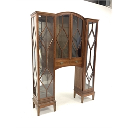 Edwardian mahogany display cabinet, arched top over two tracery glazed doors and two drawers, flanked by two more cabinets, raised on square tapered supports, with all over satinwood banding and boxwood and ebonised string inlay, W126cm, H173cm, D33cm