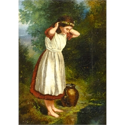 English School (Early 20th century): Girl at a Stream, oil on panel unsigned 42cm x 33cm