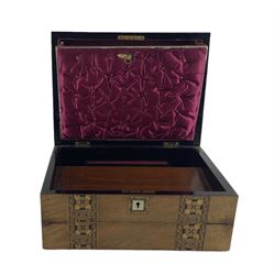 Victorian walnut table writing box with Tunbridge ware banding, the interior with fold out writing slope, pen tray etc W30cm