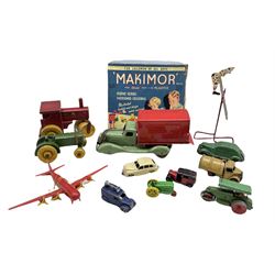 0717 Toys hard rubber saloon car, Tinplate truck, Dinky Toys Bedford Refuse truck & Aveling Barford, other Dinky Toys, wooden tractors, Acrobatic clown etc 