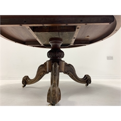  19th century walnut marquetry centre table, top with floral boxwood and ebonised inlay and acanthus scroll carved edge, raised on baluster turned column and triple splay supports, raised on castors, D141cm, H73cm  