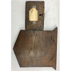 16th/17th Century oak fragment carved with the coat of arms of Sir William Montagu, (1301-1344) and later Earls of Salisbury 10cm x 15cm, and an oak panel carved with a Bishops coat of arms 25cm x 21cm 