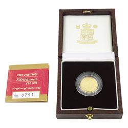Queen Elizabeth II 2002 gold proof 1/10 ounce Britannia coin, cased with certificate