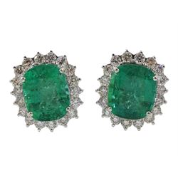 Pair of 18ct white gold cushion cut emerald and round brilliant cut diamond stud earrings, stamped 18K, total emerald weight approx 7.25 carat, total diamond weight approx 1.35 carat