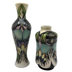 Moorcroft 'Indigo Lace' pattern long necked vase designed by Vicky Lovatt H21cm together with another H14.5cm