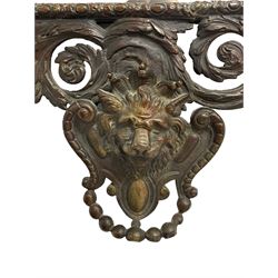 19th century cast brass girandole mirror, the pediment decorated with mask flanked by foliage scrolls, bevelled glass plate surrounded by scrolling acanthus leaves and foliate egg and dart inner slip, lower lion mask with lobed s-scrolls and beaded garland, the projecting sconces decorated with foliage and with floral female masks 