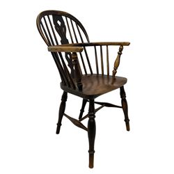 19th century elm and ash Windsor chair, low hoop stick back with pierced splat, dished seat raised on ring turned supports joined by swell turned H-stretcher