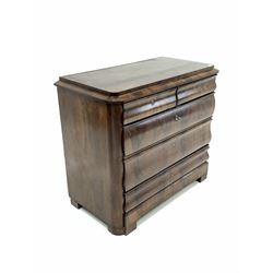 19th century continental mahogany four drawer chest, the figured caddy top over two short and two long cushion fronted drawers, W105cm, H92cm, D53cm