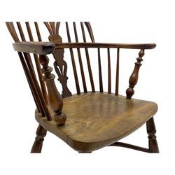 19th century yew wood and elm Windsor armchair, double hoop and stick back with pierced splat, dished seat on turned supports joined by crinoline stretcher