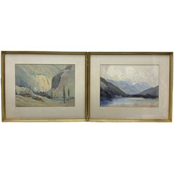 Eric Walter Powell (British 1886-1933): 'On the Little St Bernard Pass' and Fjord Landscape, pair watercolours signed and dated 1922 and 1930 each 30cm x 42cm (2) 
Notes: Schoolmaster, artist and rower who won bronze for Great Britain at the 1908 Summer Olympics. During the First World War, he served as Squadron Commander in the Royal Flying Corps and the R.A.F., and later became a house master and art teacher at Eton. Powell was also a keen mountaineer, and tragically met his death at Pontresina in an Alpine accident on Piz Roseg.