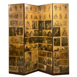 18th century decoupage four panel folding screen, each panel applied with engraved and hand-coloured plates from various fashion, satirical and political publishings, each panel 246cm x 56cm
Notes: engravings include: John Wilkes by William Hogarth, portraits of peoples visited by Captain James Cook painted by William Hodges, 'Collection of the Dresses of Different Nations Ancient and Modern' by Thomas Jeffreys 
Provenance: property of a gentleman