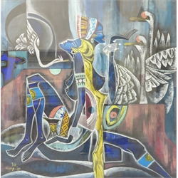  Xi Shang (Chinese 1959-): Abstract Women and Birds, acrylic signed and dated 1993, 97cm x 97cm  
