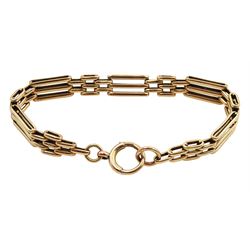 Gold three bar gate bracelet, with spring ring clasp, stamped 9ct, approx 22gm