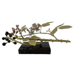 R Van  Ruyckevelt for St Denis - Bone china and gilt bronze sculpture of blackberries, brambles and blossom on a marble plinth No.A109 with inset porcelain plaque L34cm