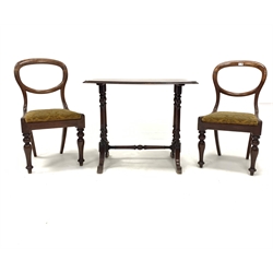Pair of Victorian mahogany balloon back dining chairs, with drop in upholstered seat pads, raised on turned front supports, (W47cm) together with Victorian mahogany occasional table, rectangular moulded top over four turned and splayed supports united by turned stretcher, (85cm x 50cm, H71cm)