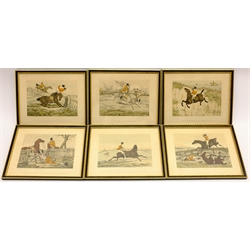 After Henry Thomas Alken (British 1785-1851): Set six hand-coloured engravings from 'Ideas, Accidental and Incidental To Hunting and Other Sports' pub. Thomas M'Lean 1826-1830, 17cm x 22cm, and another modern hunting print 13cm x 12cm (7)