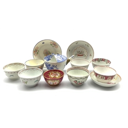 18th/ 19th English porcelain tea bowls and saucers including Newhall and Lowestoft examples, a maroon ground tea bowl finely painted with floral sprays together with a Copeland & Garrett feeding cup 