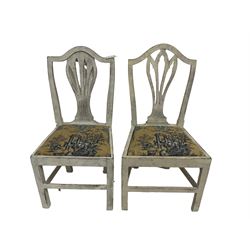 Near pair 19th century country elm chairs, with Chippendale style pierced splat, drop-in seat upholstered in 