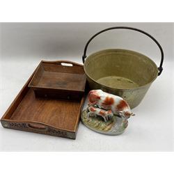 Carved Eastern tea tray, brass jam pan, desk stand and a Staffordshire type group 