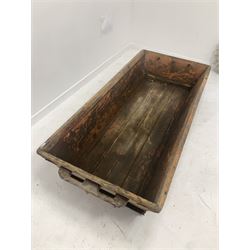 Large 19th century painted and iron bound pine pig salting trough L195cm