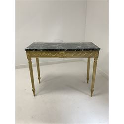 20th century gilt painted console table of classical design, the rectangular simulated marble top raised over frieze decorated with applied harebell swags and floral paterai, raised on turned tapered and fluted supports 91cm x 40cm, H71cm