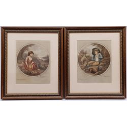 After Richard Westall RA (British 1765-1836): 'A Boy' and 'A Girl of Canarvon', pair mezzotints by George P James signed and titled in pencil with Fine Art Trade Guild blindstamp pub. 1919, 35cm x 27cm; After George Morland (British 1763-1804): 'Blind Man's Buff', colour mezzotint by Clifford R James signed in pencil with Print Sellers Association blindstamp 42cm x 53cm; 'Canterbury Cathedral', 19th century hand-coloured engraving 35cm x 52cm (4)