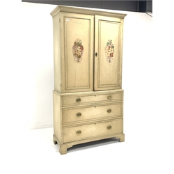 Georgian painted hardwood linen press, with two panelled doors enclosing a plain interior, three faux drawers to base, raised on shaped bracket supports, W207cm, H111cm, D47cm
