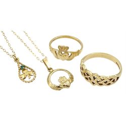 Irish gold Claddagh ring and pendant necklace, gold Celtic design ring and a gold shamrock pendant, all hallmarked 9ct