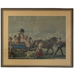 After Sir Alfred Munnings (British 1878-1959): 'On the Way to Epsom' and 'After Starter's Orders', two framed colour prints max 45cm x 70cm (2)