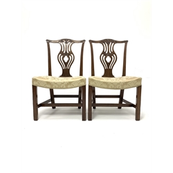 Pair early 19th century Chippendale style chairs, serpentine cresting rail relief carved with scrolled leafage and husks, pierced baluster shaped splat back, wide dished seat upholstered in Damask fabric, moulded uprights and square supports, seat width - 56cm, seat height - 43cm