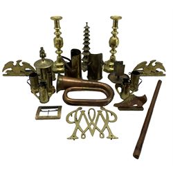 Quantity of Trench Art and similar items including two scuttles, various small vases etc., copper and brass bugle by John Grey and pair of brass 'King of Diamonds' candlesticks H32cm