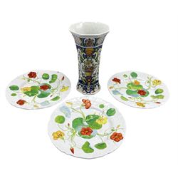 Set of three late Victorian Minton's plates, decorated in relief with nasturtium, D23cm together with a 20th century Delft vase of octagonal form with polychrome decoration 