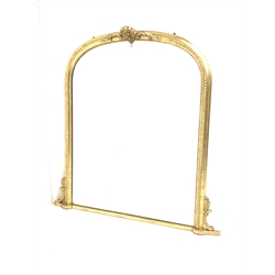 Large late 20th century gilt framed over mantel mirror, arched mirror surmounted by shell and acanthus leaf pediment 