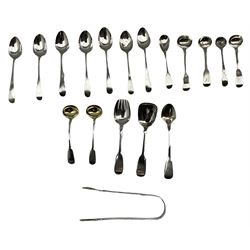 Group of Georgian and Victorian silver flatware, to include pair of George III sugar tongs, various teaspoons, salt spoons, etc., approximate total weight 8.37 ozt 