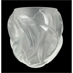 Lalique Oceania crystal glass vase, moulded with interlaced dolphins, signed Lalique France beneath, H17.5cm 