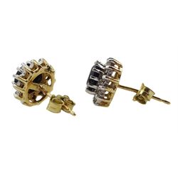 Pair of 9ct gold sapphire and diamond chip cluster stud earrings, hallmarked 