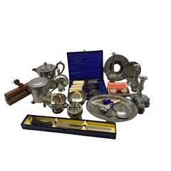 Group of metalware to include an Art Deco design coffee pot, Nordic pewter tankard, cutlery etC, together with a moulding plane by J. Varley, Bewley, Leeds in one box